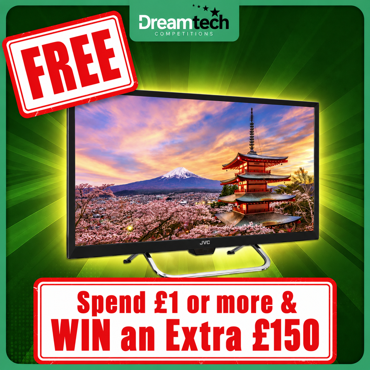 WIN a FREEEE 24″ JVC Smart 4k TV l Spend £1 or More For an EXTRA £150