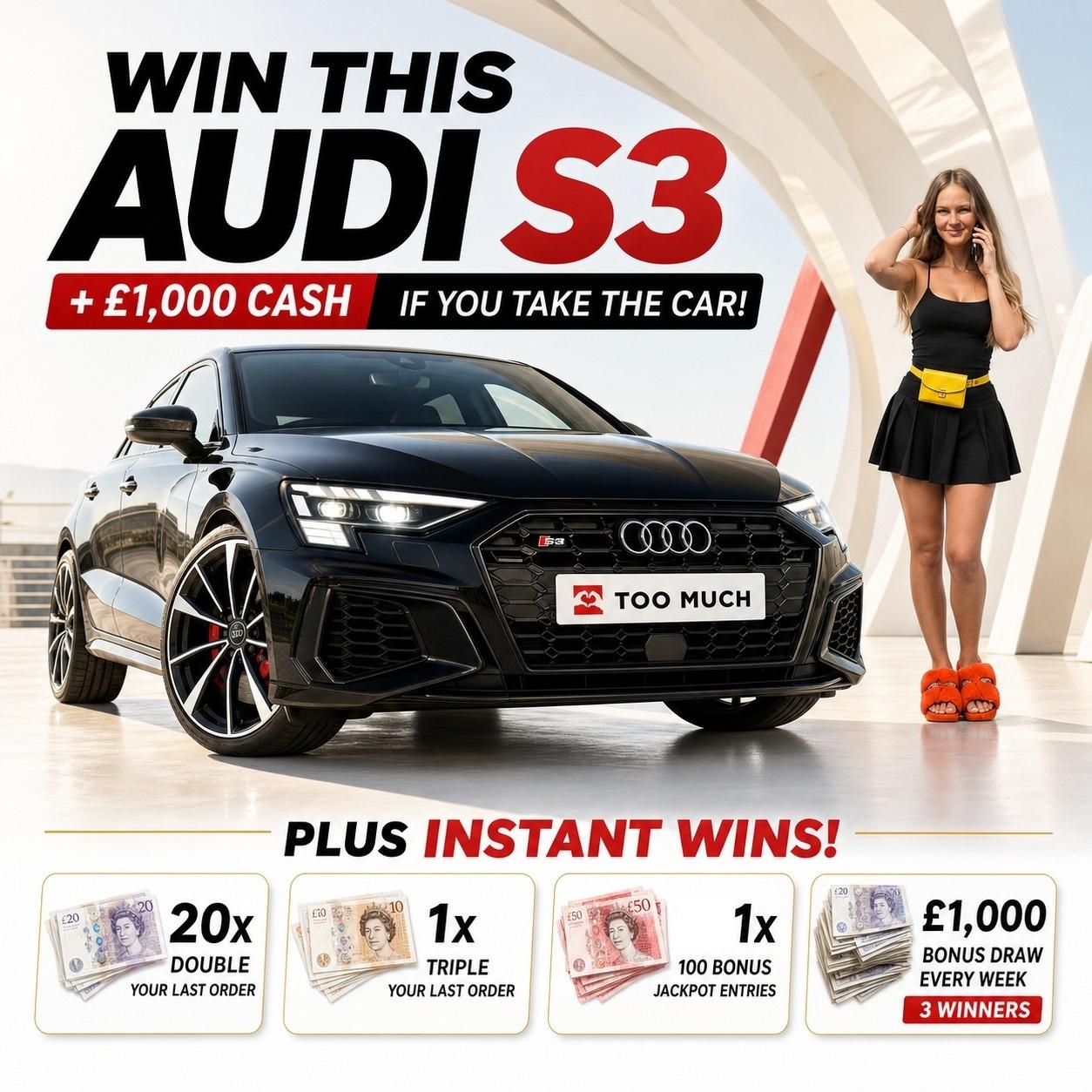 Win this Audi S3 TFSI Vorsprung Sportback Quattro 306BHP (£25,000 Cash Alternative)