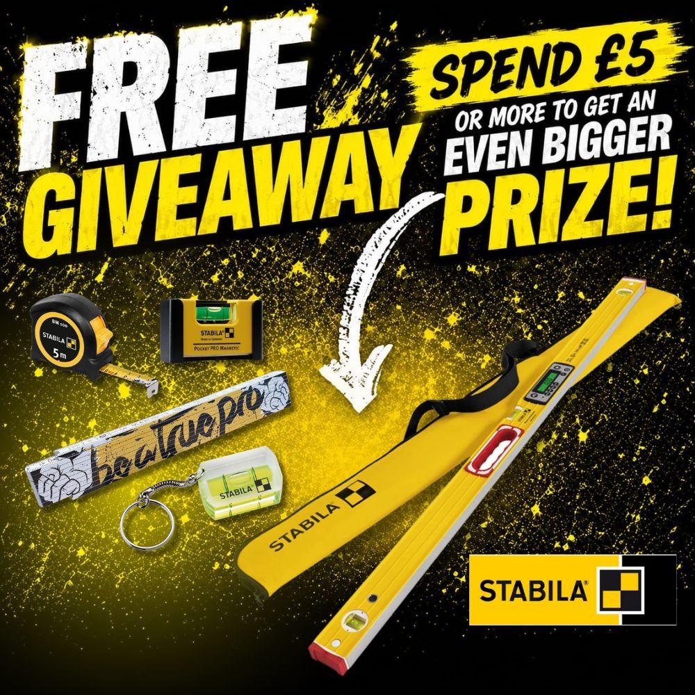 APP ONLY – FREE Stabila 4pc Compact Level & Measuring Set – Spend £5 or More To Get The Stabila TECH 196 DL Digital Spirit Level with Case 1220mm Instead!